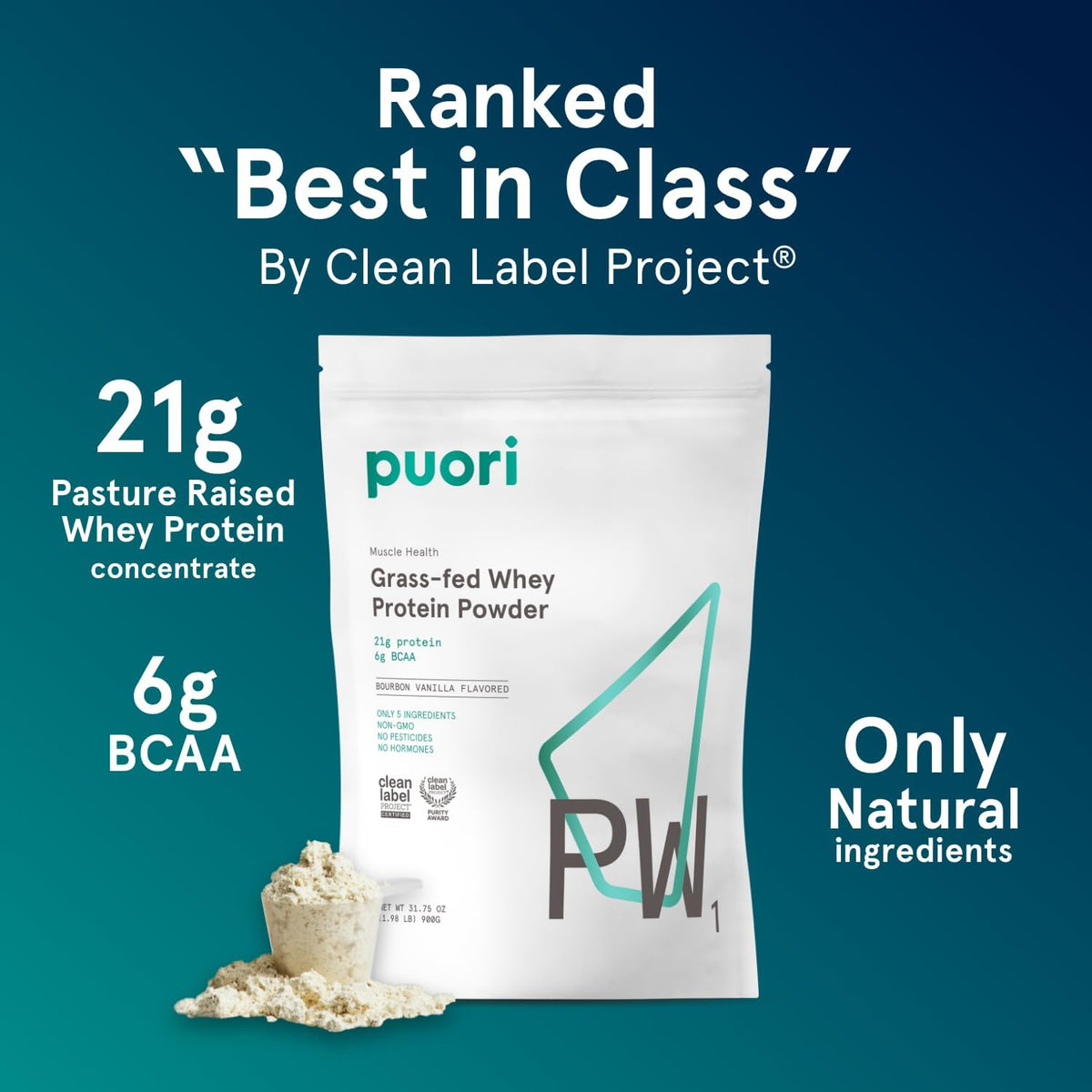 Puori PW1, Grass Fed Whey Protein Powder, Bourbon Vanilla, 30 Servings
