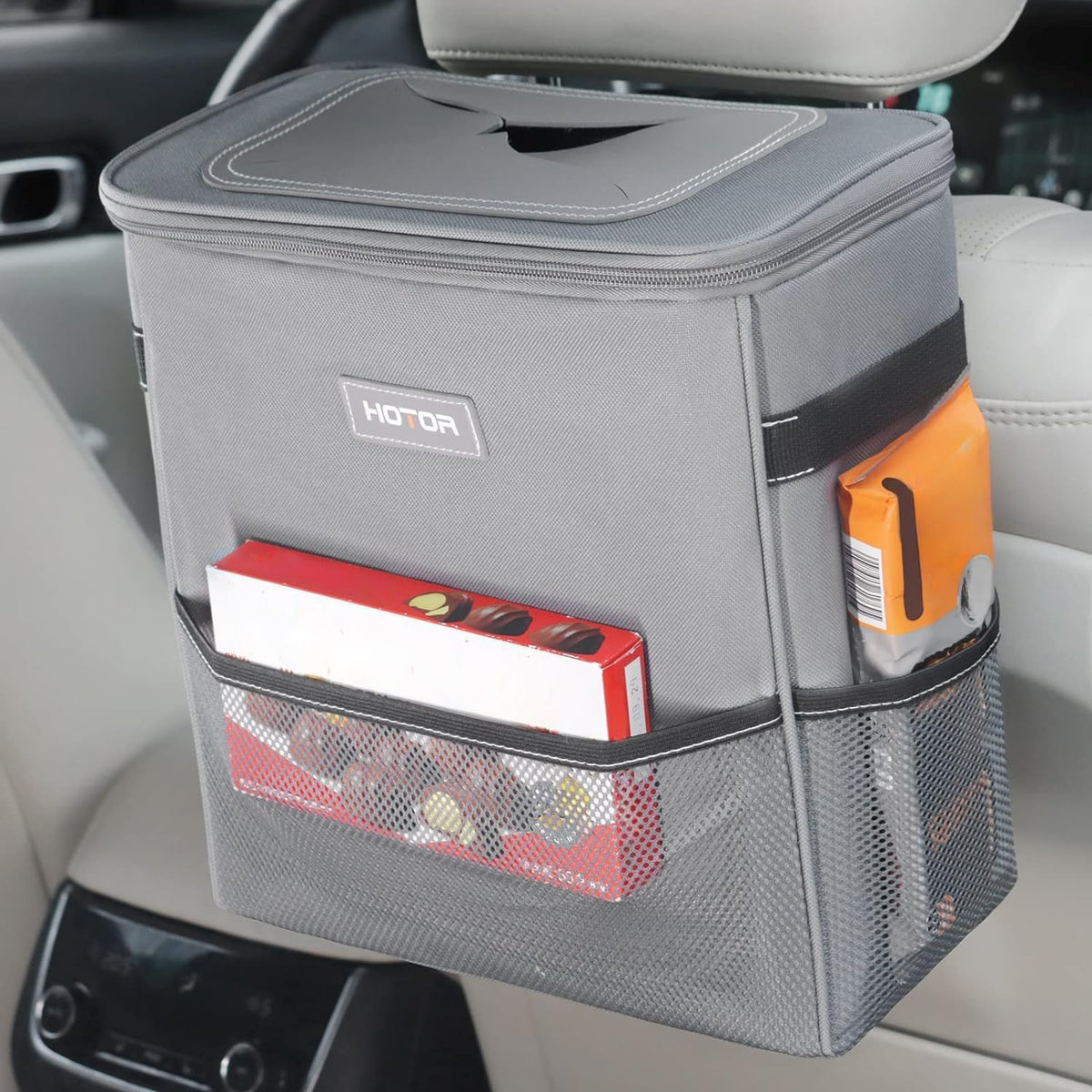 HOTOR Car Trash Can, Compact Waterproof Organizer, Leak-Proof Bin, 2-Gallon | Black, Multifunctional Car Accessory with Adjustable Straps & Magnetic Snaps for Interior Car Storage