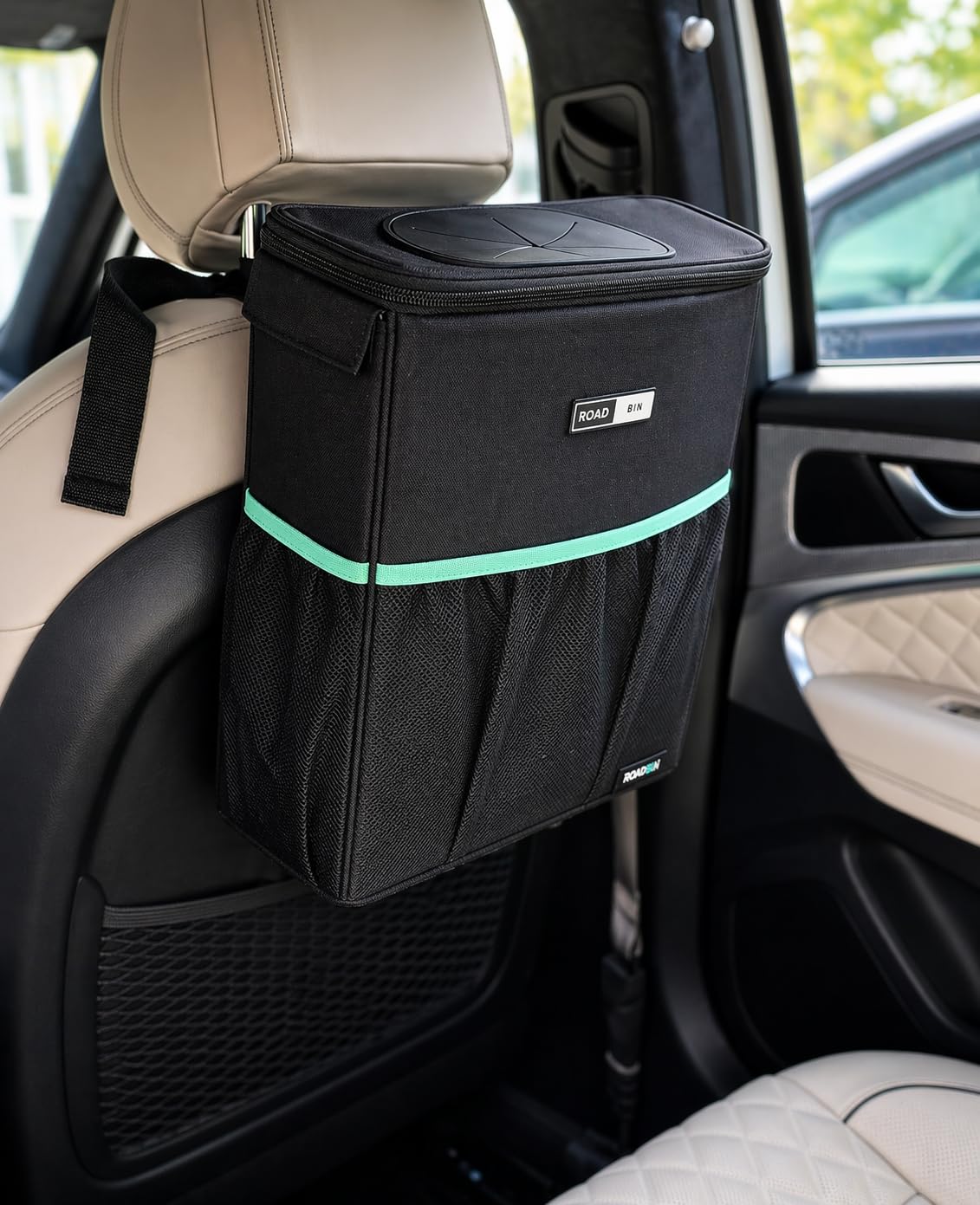RoadBin Car Trash Can - Slim 4" 2.5 Gallon Hanging Car Garbage Can, Stays Upright, Leakproof and Odor-Sealing Trash Bin for Clean, Clutter-Free Trucks, SUVs and Vans - Designed in the USA