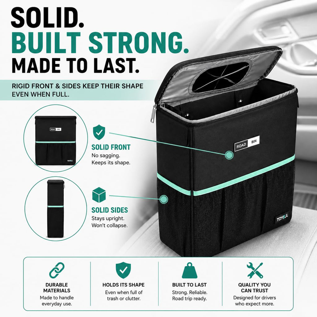 RoadBin Car Trash Can - Slim 4" 2.5 Gallon Hanging Car Garbage Can, Stays Upright, Leakproof and Odor-Sealing Trash Bin for Clean, Clutter-Free Trucks, SUVs and Vans - Designed in the USA