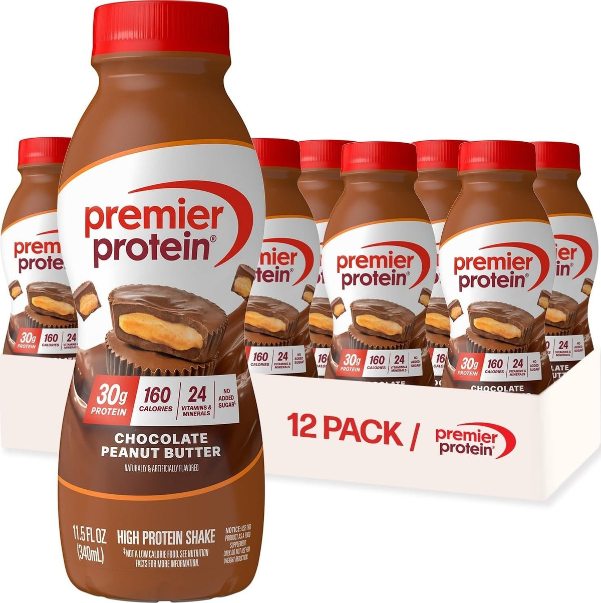 Premier Protein 30g High Protein Shake, Chocolate, 12 Pack Bottles, Vegetarian