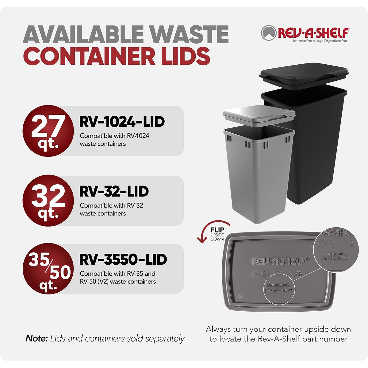Rev-A-Shelf Double Pullout Garbage Trash Cans for Kitchen Cabinets, 35 Qt | Replacement Large Capacity Waste/ Recycling Bins for Kitchen Cabinet Pullouts, White, RV-35-11-2