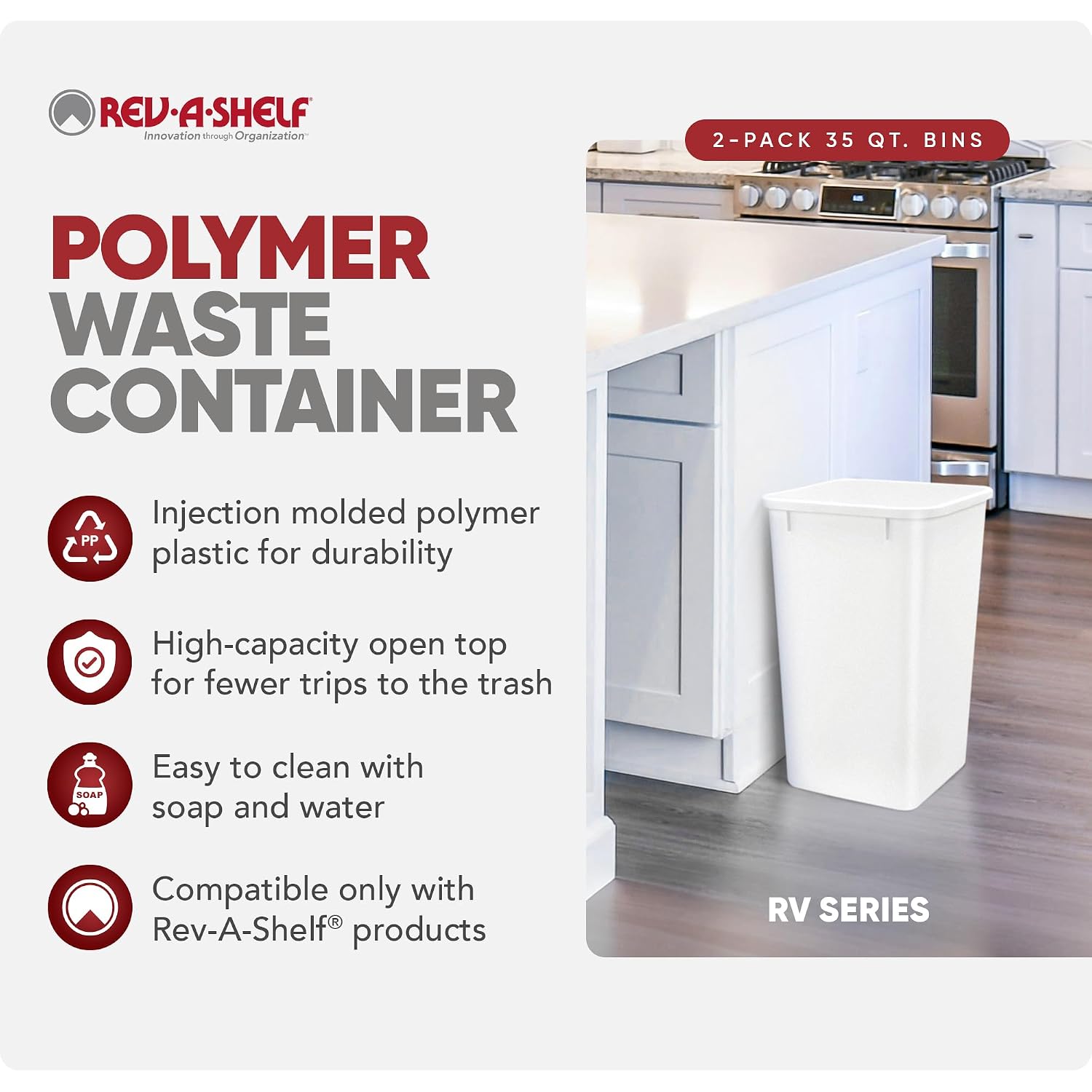 Rev-A-Shelf Double Pullout Garbage Trash Cans for Kitchen Cabinets, 35 Qt | Replacement Large Capacity Waste/ Recycling Bins for Kitchen Cabinet Pullouts, White, RV-35-11-2