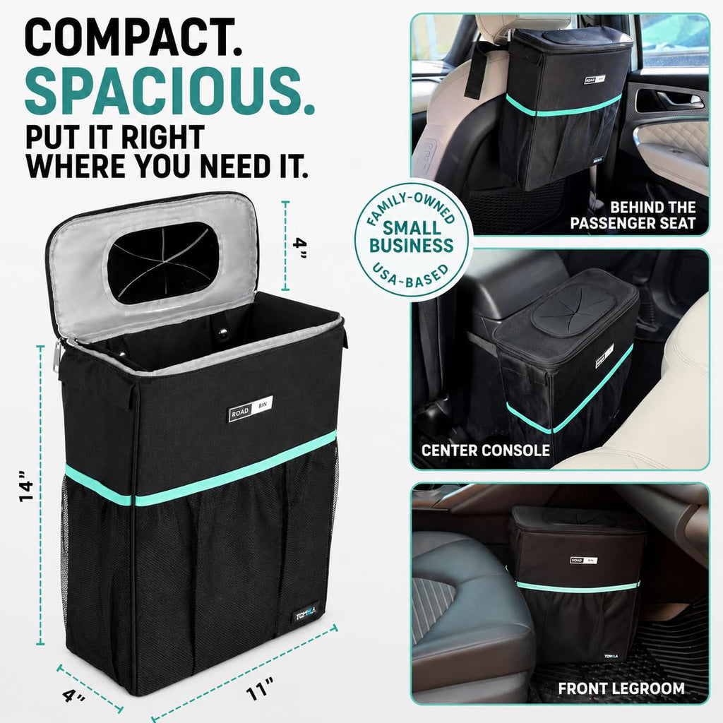 RoadBin Car Trash Can - Slim 4" 2.5 Gallon Hanging Car Garbage Can, Stays Upright, Leakproof and Odor-Sealing Trash Bin for Clean, Clutter-Free Trucks, SUVs and Vans - Designed in the USA