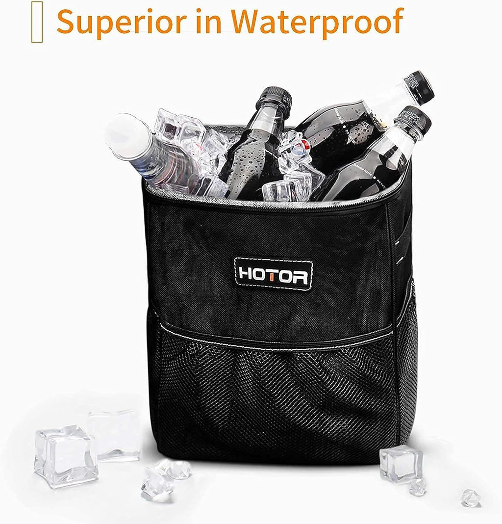 HOTOR Car Trash Can, Compact Waterproof Organizer, Leak-Proof Bin, 2-Gallon | Black, Multifunctional Car Accessory with Adjustable Straps & Magnetic Snaps for Interior Car Storage
