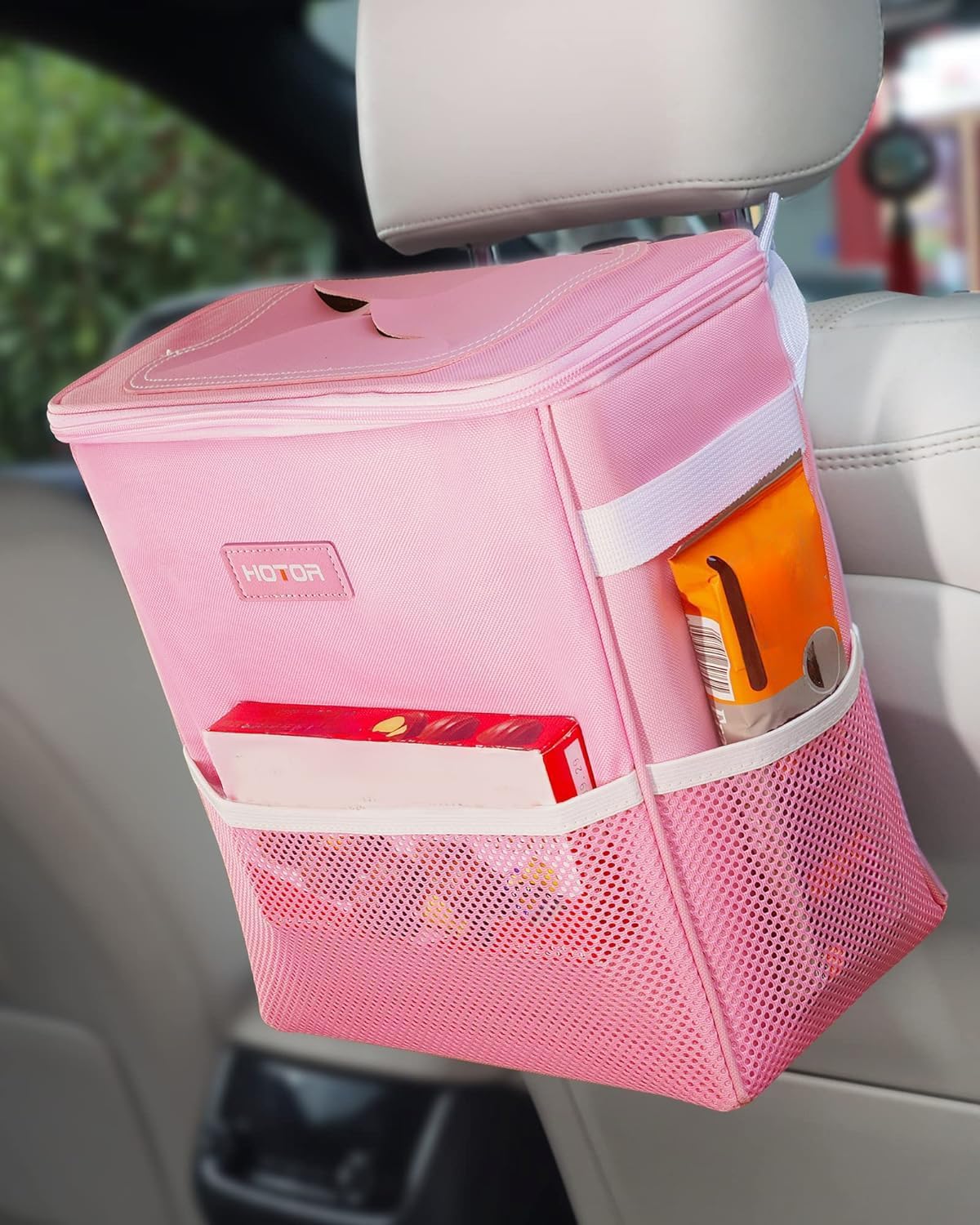 HOTOR Car Trash Can, Compact Waterproof Organizer, Leak-Proof Bin, 2-Gallon | Black, Multifunctional Car Accessory with Adjustable Straps & Magnetic Snaps for Interior Car Storage