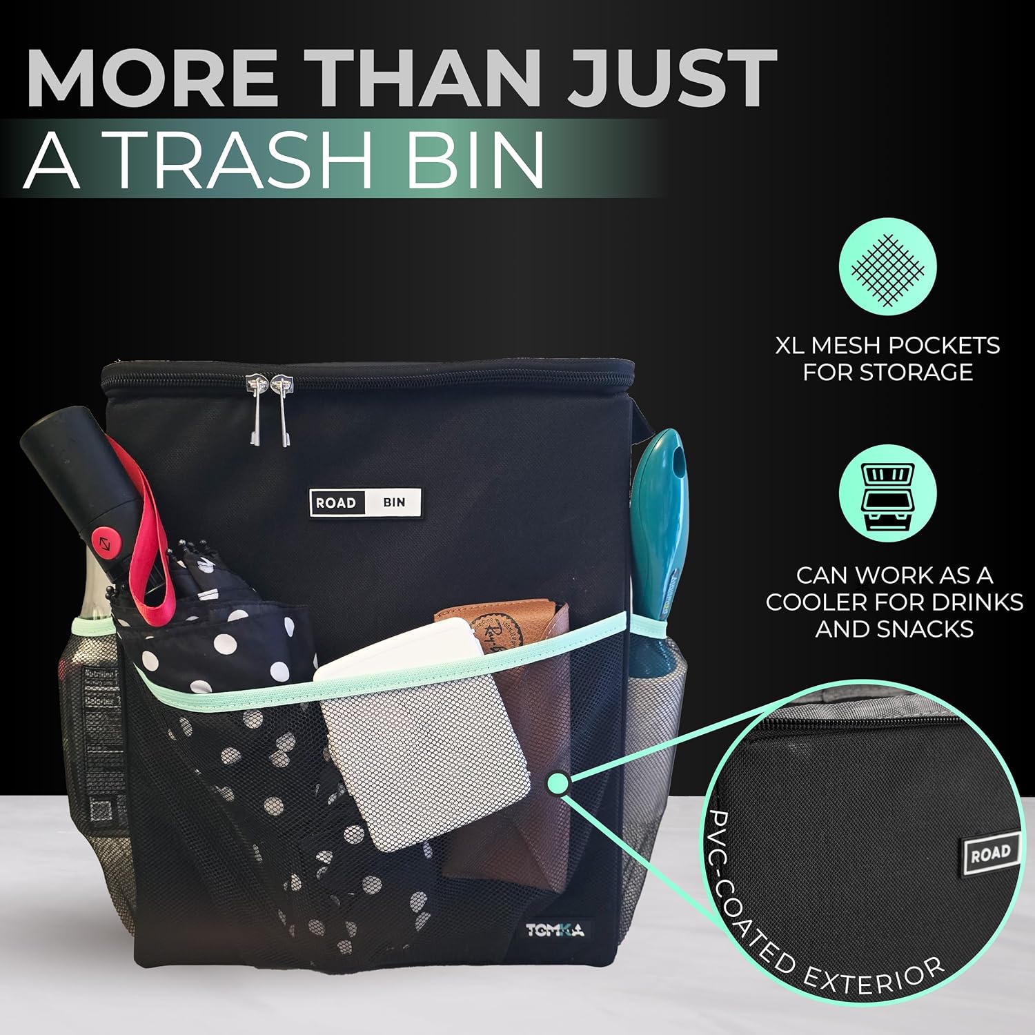 RoadBin Car Trash Can - Slim 4" 2.5 Gallon Hanging Car Garbage Can, Stays Upright, Leakproof and Odor-Sealing Trash Bin for Clean, Clutter-Free Trucks, SUVs and Vans - Designed in the USA