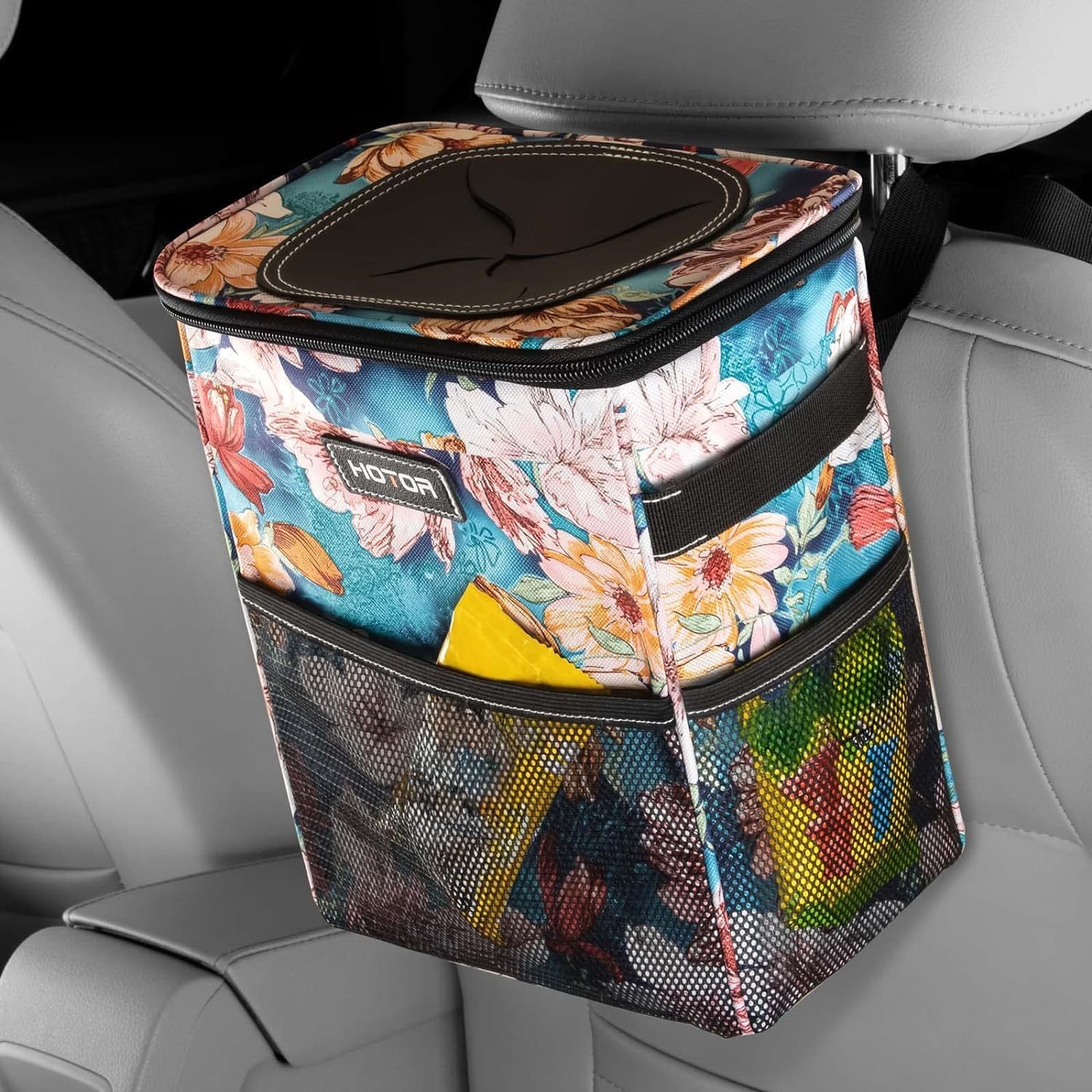 HOTOR Car Trash Can, Compact Waterproof Organizer, Leak-Proof Bin, 2-Gallon | Black, Multifunctional Car Accessory with Adjustable Straps & Magnetic Snaps for Interior Car Storage