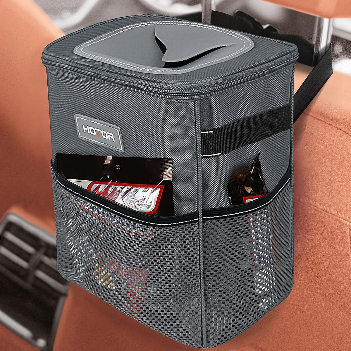 HOTOR Car Trash Can, Compact Waterproof Organizer, Leak-Proof Bin, 2-Gallon | Black, Multifunctional Car Accessory with Adjustable Straps & Magnetic Snaps for Interior Car Storage