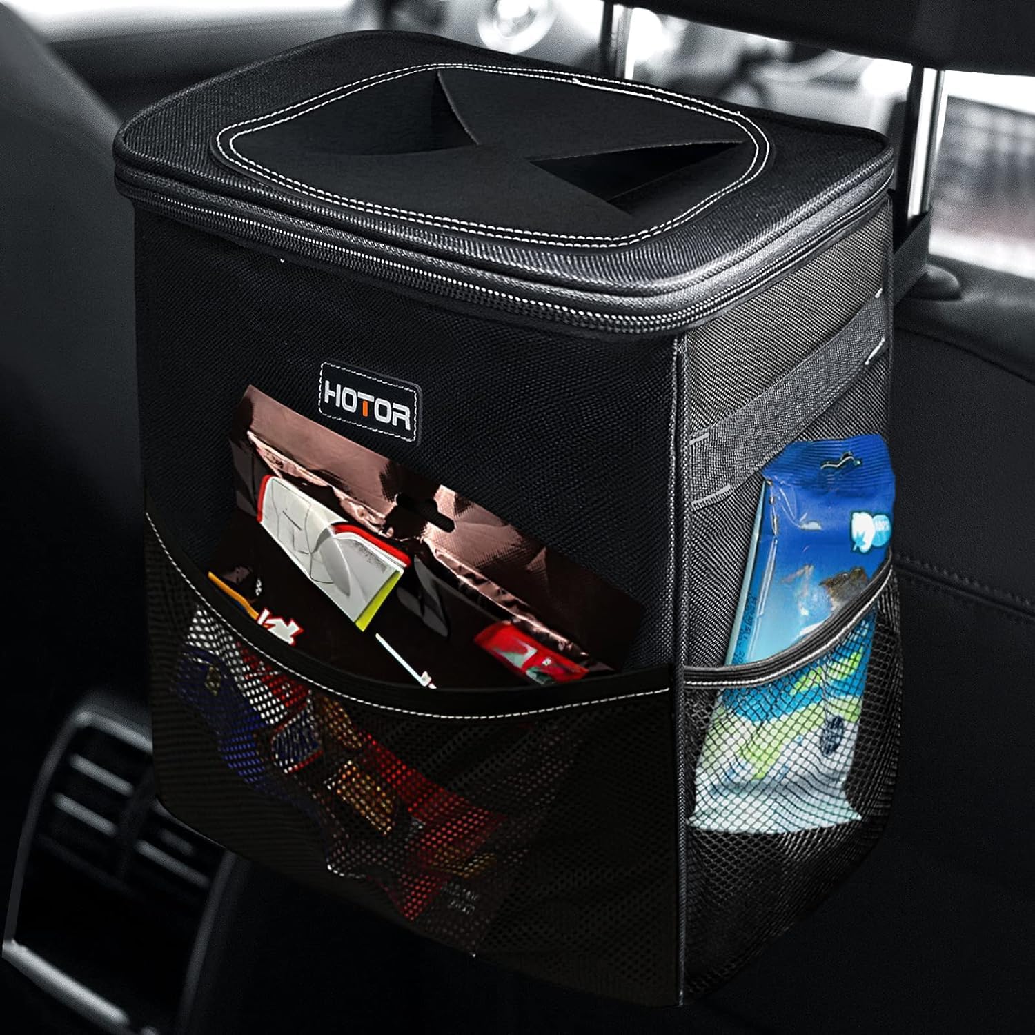 HOTOR Car Trash Can, Compact Waterproof Organizer, Leak-Proof Bin, 2-Gallon | Black, Multifunctional Car Accessory with Adjustable Straps & Magnetic Snaps for Interior Car Storage