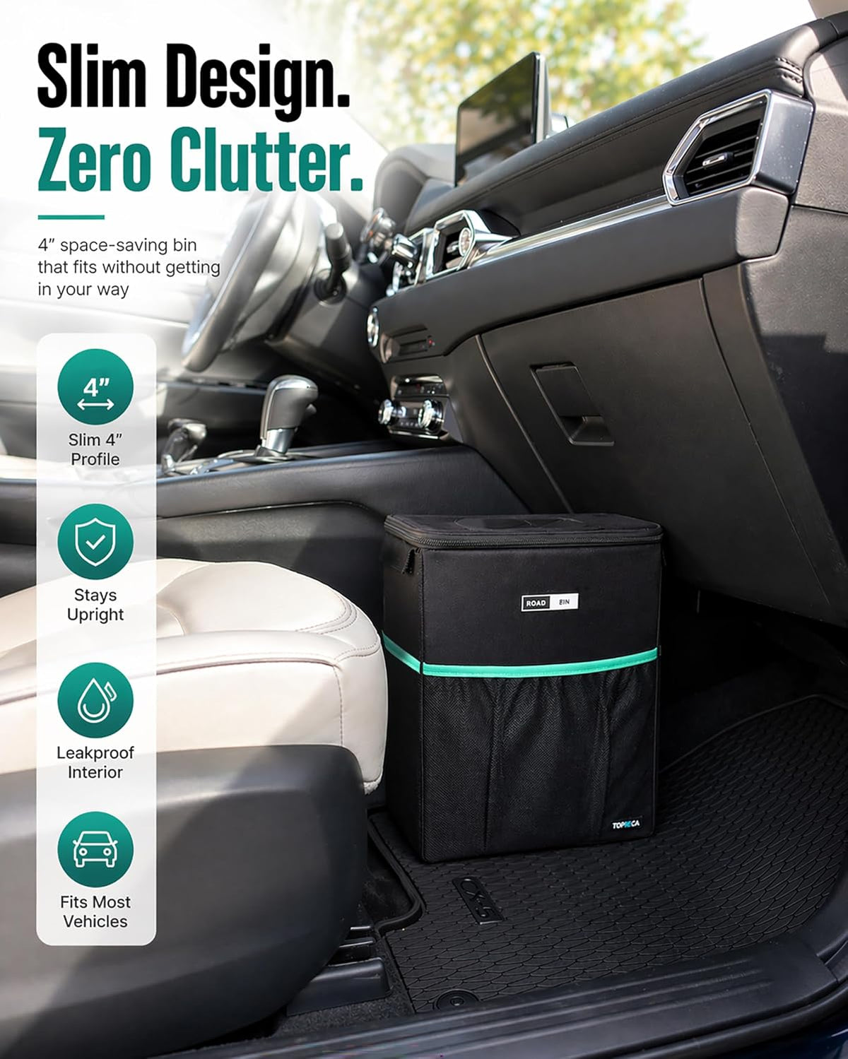 RoadBin Car Trash Can - Slim 4" 2.5 Gallon Hanging Car Garbage Can, Stays Upright, Leakproof and Odor-Sealing Trash Bin for Clean, Clutter-Free Trucks, SUVs and Vans - Designed in the USA