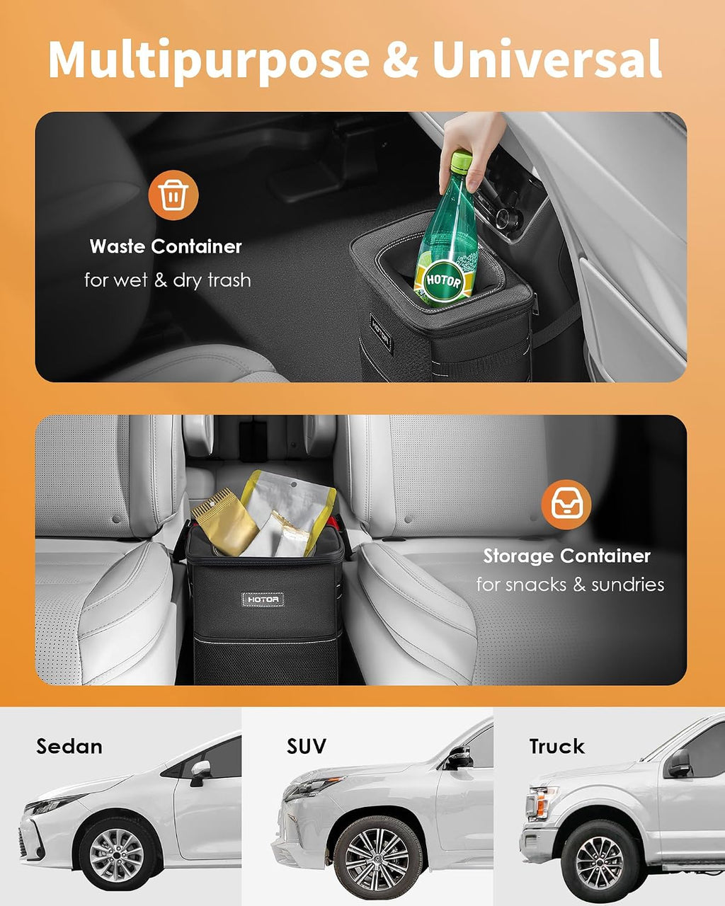 HOTOR Car Trash Can, Compact Waterproof Organizer, Leak-Proof Bin, 2-Gallon | Black, Multifunctional Car Accessory with Adjustable Straps & Magnetic Snaps for Interior Car Storage