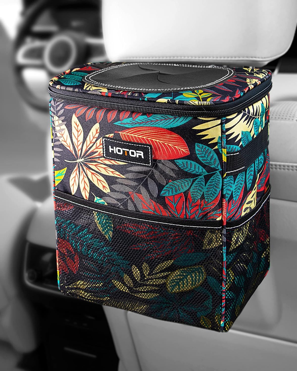HOTOR Car Trash Can, Compact Waterproof Organizer, Leak-Proof Bin, 2-Gallon | Black, Multifunctional Car Accessory with Adjustable Straps & Magnetic Snaps for Interior Car Storage