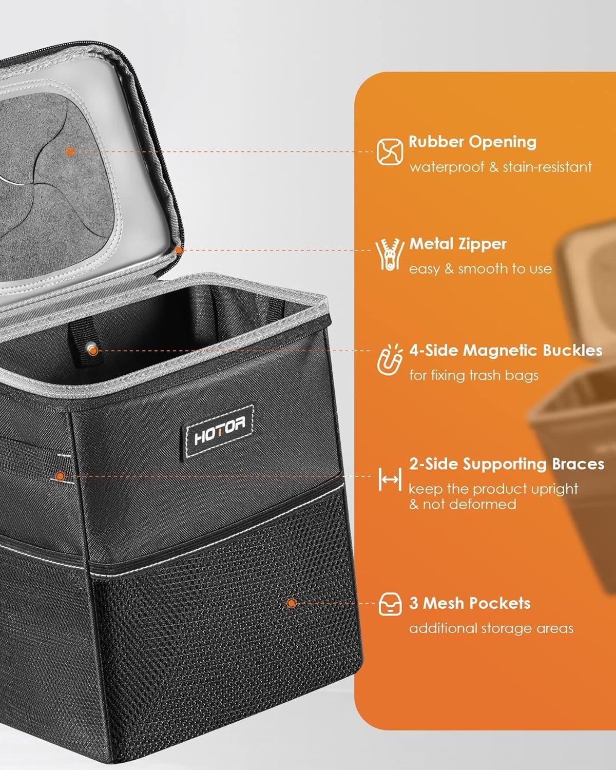 HOTOR Car Trash Can, Compact Waterproof Organizer, Leak-Proof Bin, 2-Gallon | Black, Multifunctional Car Accessory with Adjustable Straps & Magnetic Snaps for Interior Car Storage