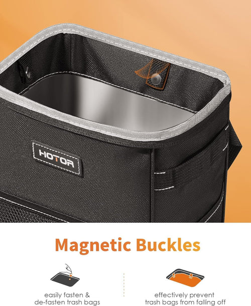 HOTOR Car Trash Can, Compact Waterproof Organizer, Leak-Proof Bin, 2-Gallon | Black, Multifunctional Car Accessory with Adjustable Straps & Magnetic Snaps for Interior Car Storage