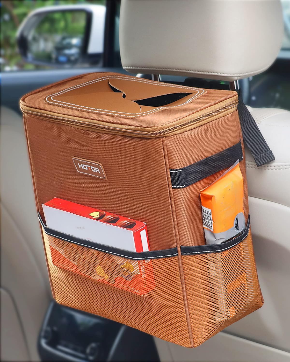 HOTOR Car Trash Can, Compact Waterproof Organizer, Leak-Proof Bin, 2-Gallon | Black, Multifunctional Car Accessory with Adjustable Straps & Magnetic Snaps for Interior Car Storage