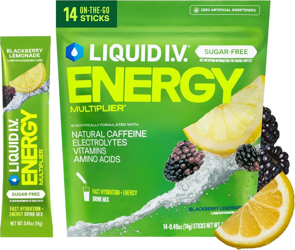 Liquid I.V. Sugar Free + Energy Electrolytes, BlackBerry Lemonade, 14 Count