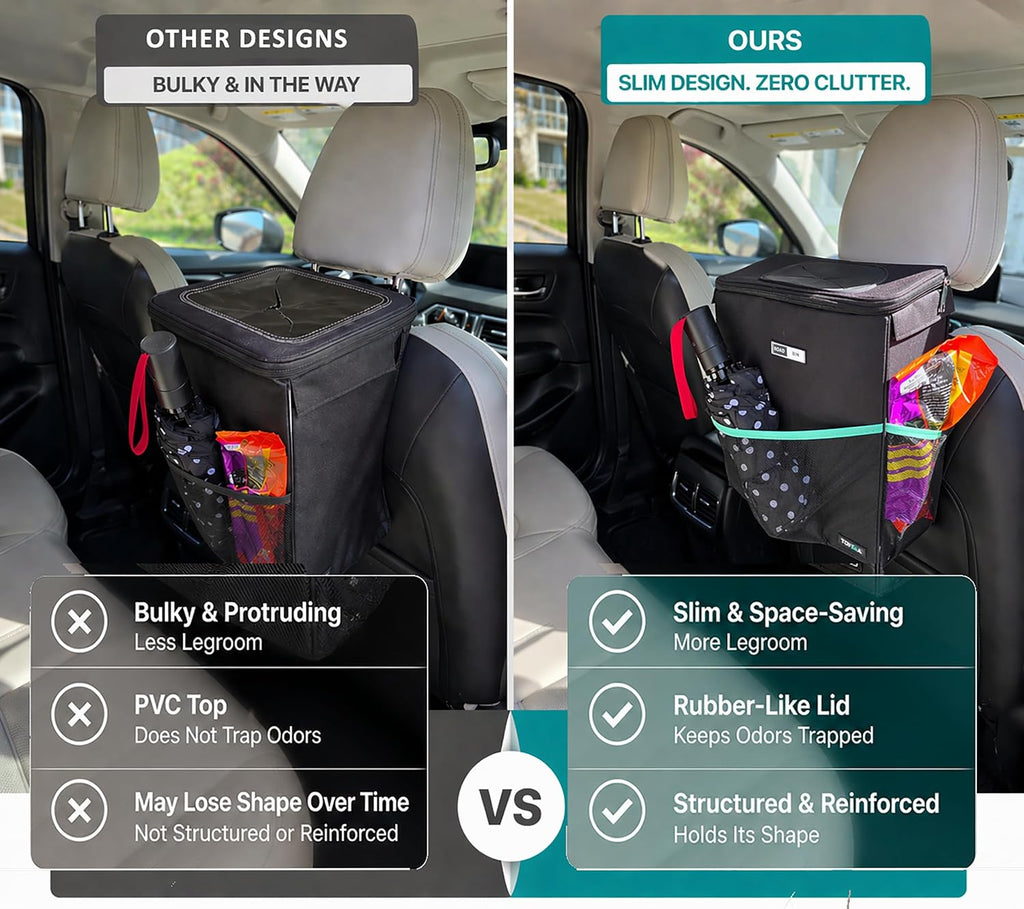 RoadBin Car Trash Can - Slim 4" 2.5 Gallon Hanging Car Garbage Can, Stays Upright, Leakproof and Odor-Sealing Trash Bin for Clean, Clutter-Free Trucks, SUVs and Vans - Designed in the USA