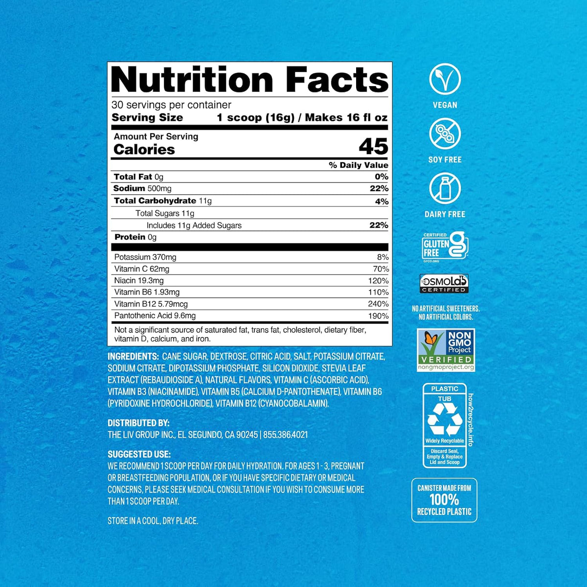 Liquid I.V. Hydration Electrolytes Tub, Lemon Lime, 30 Servings