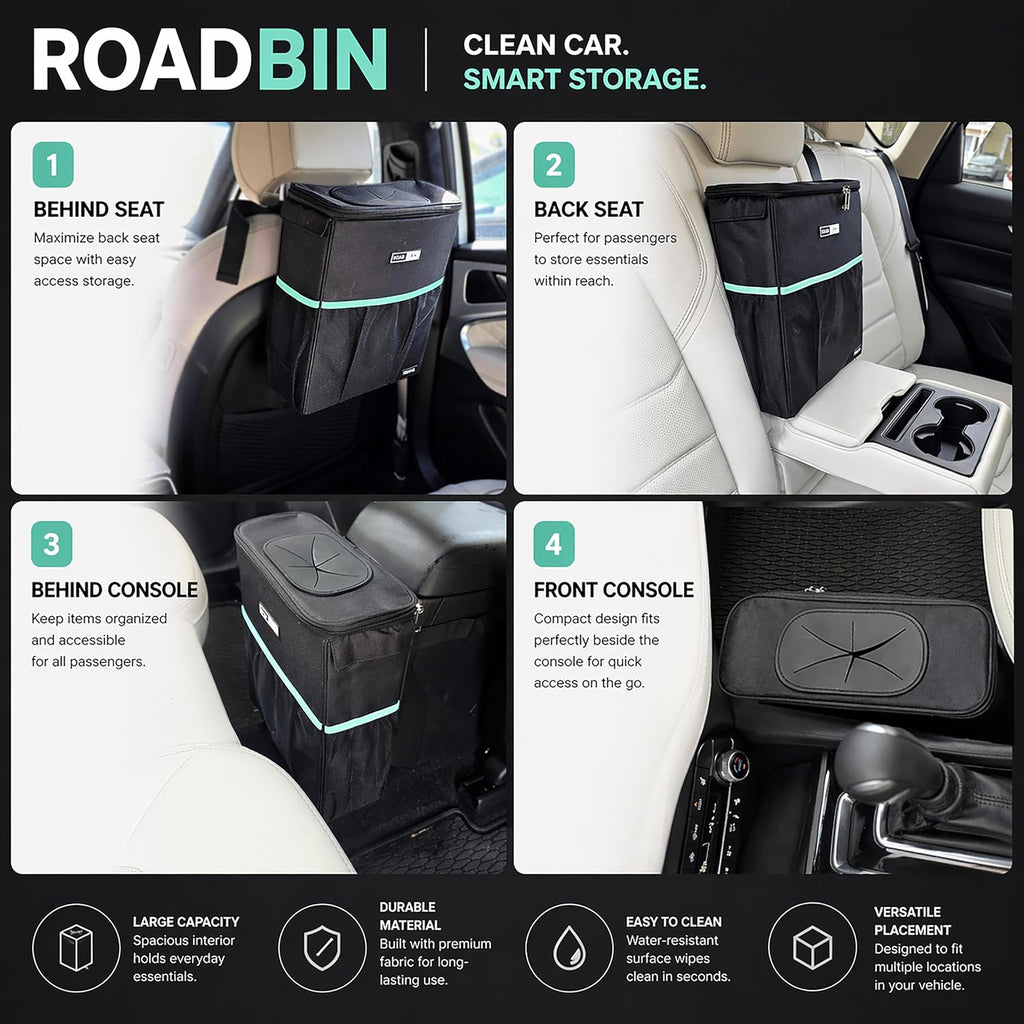 RoadBin Car Trash Can - Slim 4" 2.5 Gallon Hanging Car Garbage Can, Stays Upright, Leakproof and Odor-Sealing Trash Bin for Clean, Clutter-Free Trucks, SUVs and Vans - Designed in the USA