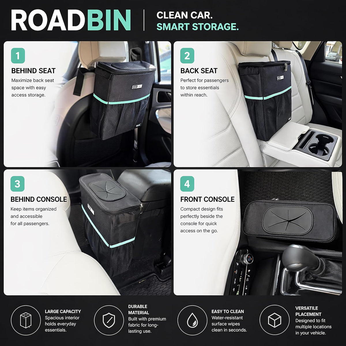 RoadBin Car Trash Can - Slim 4" 2.5 Gallon Hanging Car Garbage Can, Stays Upright, Leakproof and Odor-Sealing Trash Bin for Clean, Clutter-Free Trucks, SUVs and Vans - Designed in the USA
