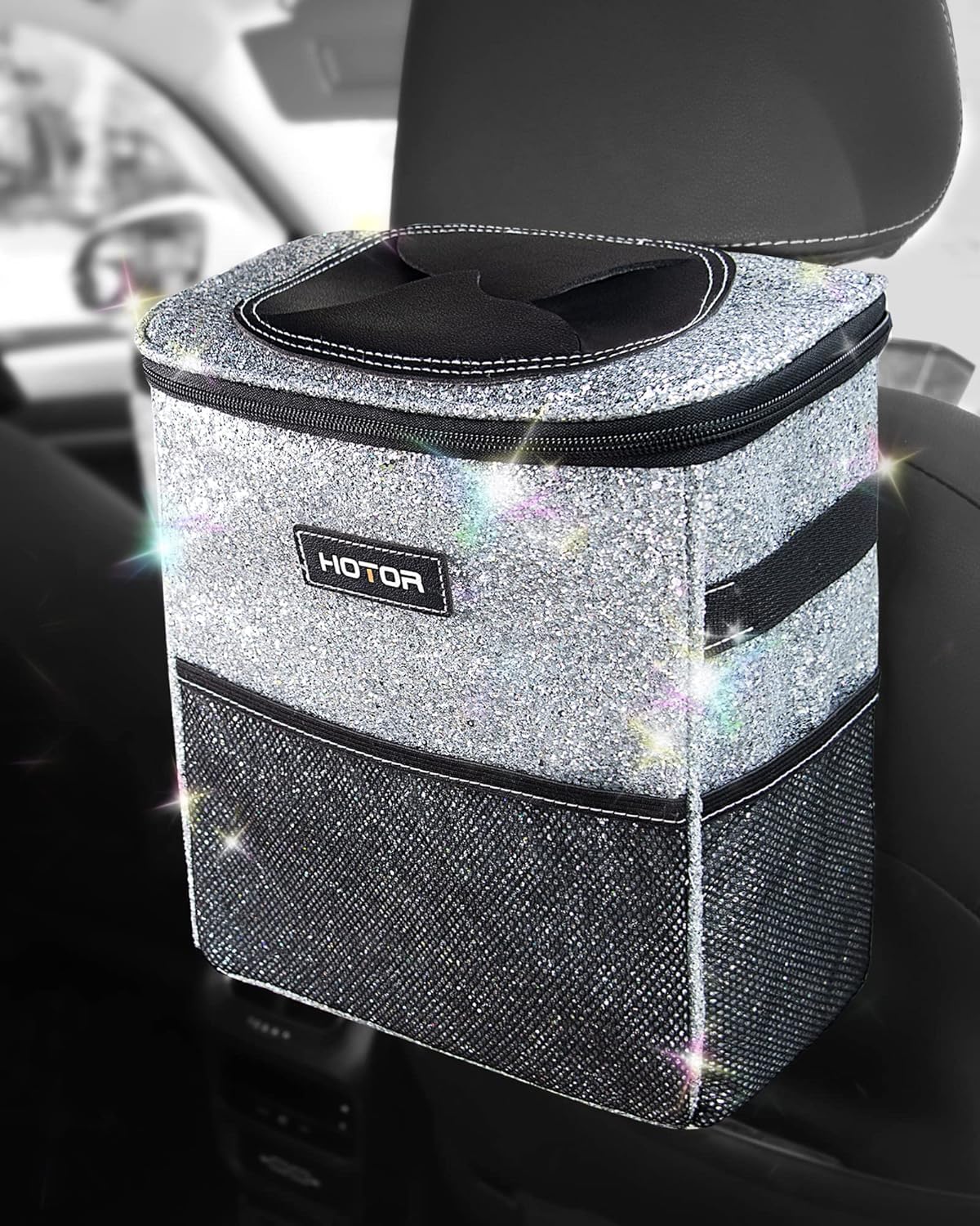 HOTOR Car Trash Can, Compact Waterproof Organizer, Leak-Proof Bin, 2-Gallon | Black, Multifunctional Car Accessory with Adjustable Straps & Magnetic Snaps for Interior Car Storage