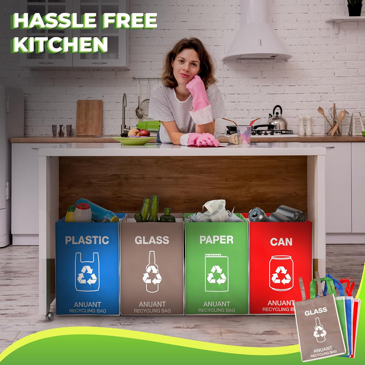 Separate Recycling Waste Bin Bags for Kitchen Office in Home - Large Size Sturdy Double Handles 10 Gallon Recycle Garbage Sorting Bins