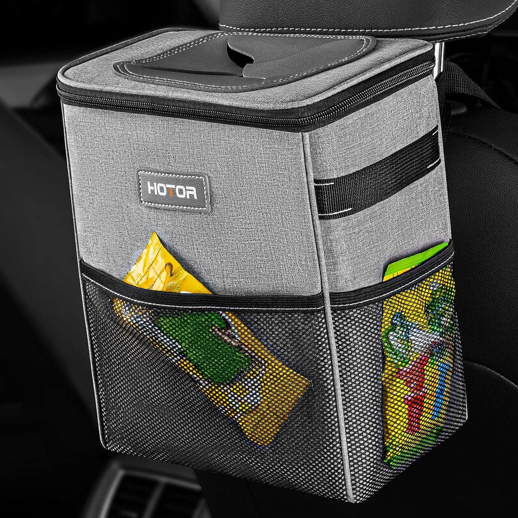 HOTOR Car Trash Can, Compact Waterproof Organizer, Leak-Proof Bin, 2-Gallon | Black, Multifunctional Car Accessory with Adjustable Straps & Magnetic Snaps for Interior Car Storage